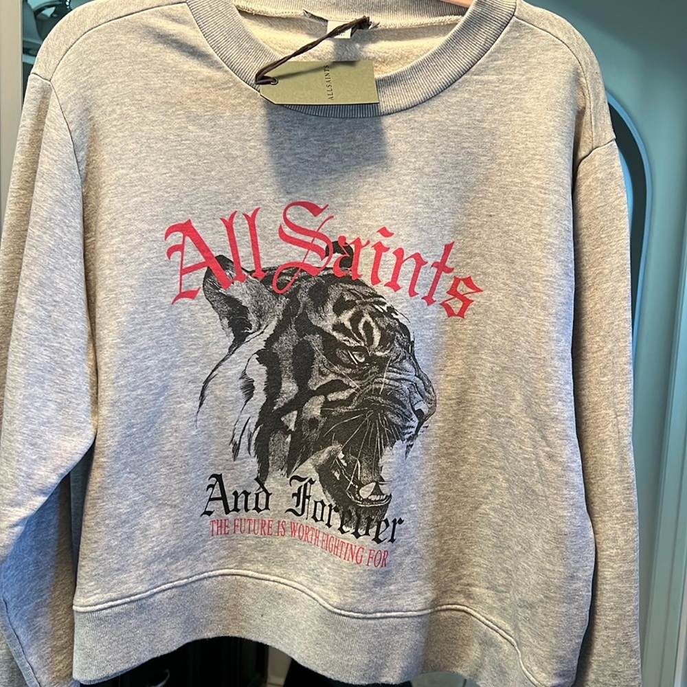 All Saints grey sweatshirt with tiger and red writing. New with tags